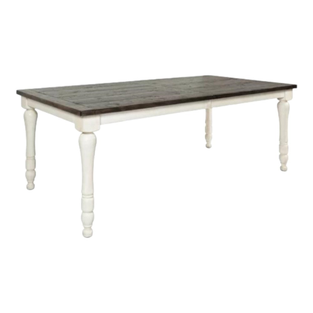 Rustic table with dark wood top and white turned legs.