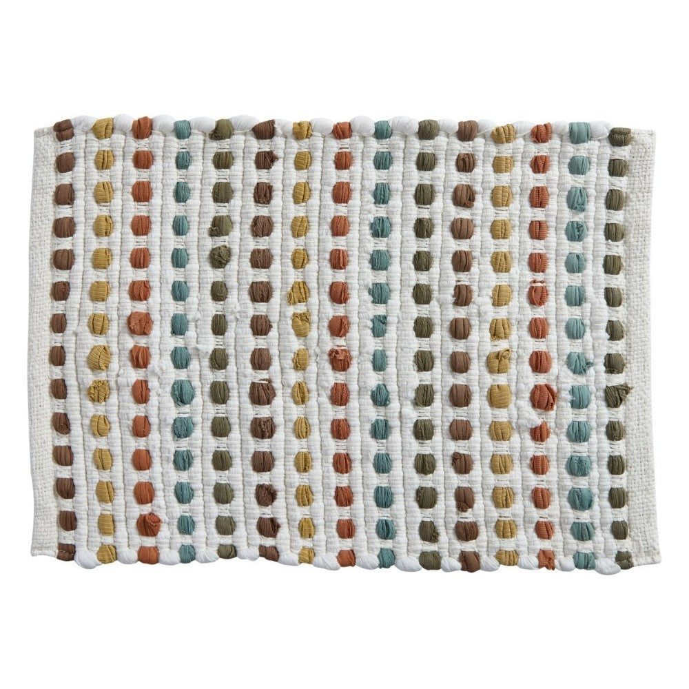 Woven mat with colorful textured stripes on a white background.