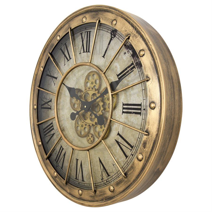 Vintage-style clock with Roman numerals and exposed gears.
