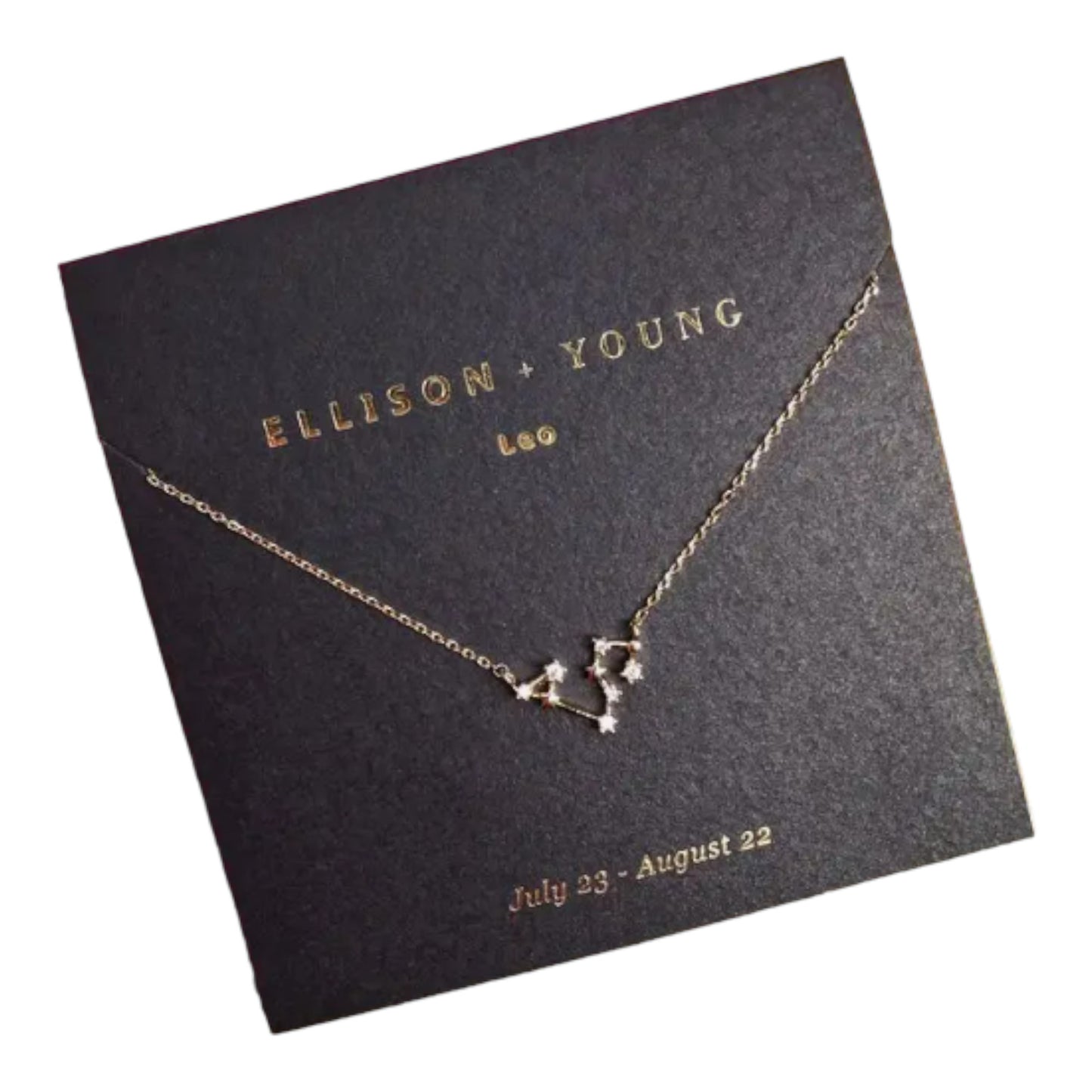 Gold Leo necklace on black card with zodiac dates.