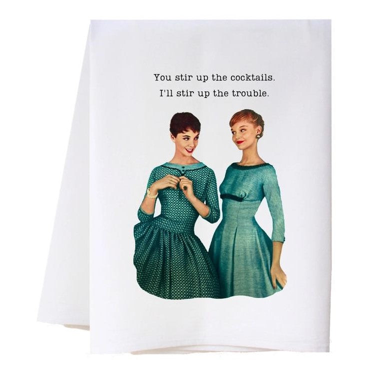 Vintage-style women with witty cocktail quote on fabric.