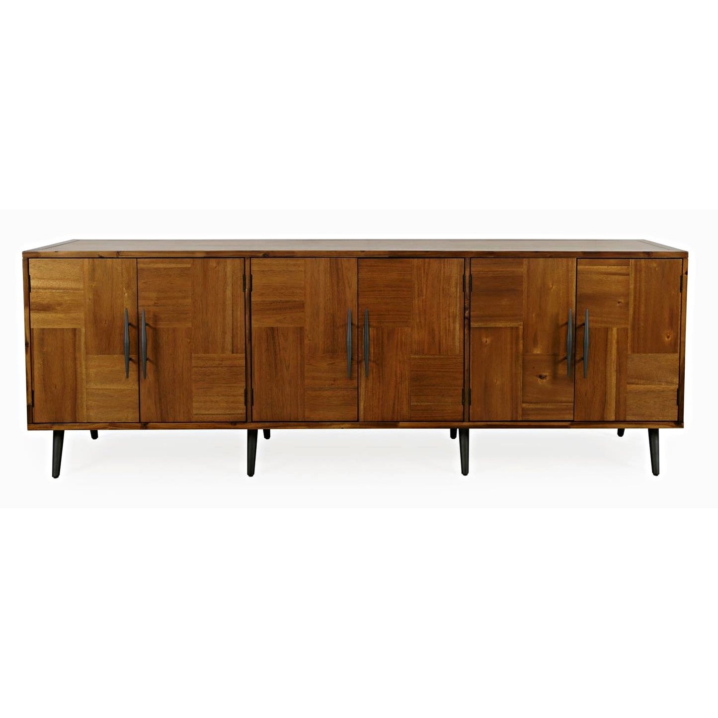 Mid-century modern wooden sideboard with black handles.