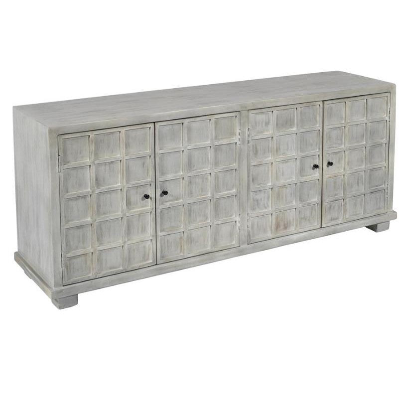 Gray wooden sideboard with four doors and square pattern design.