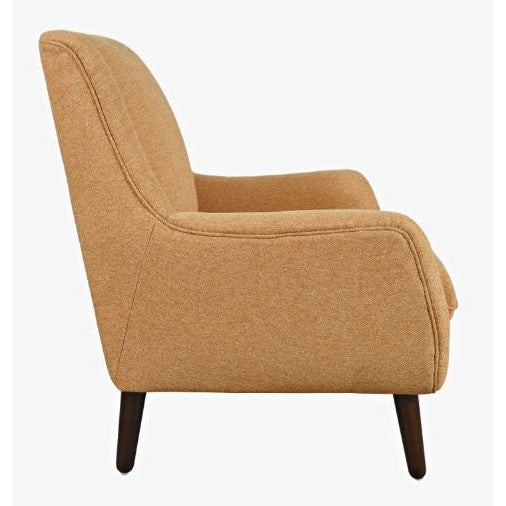 Mid-century modern beige armchair with wooden legs.