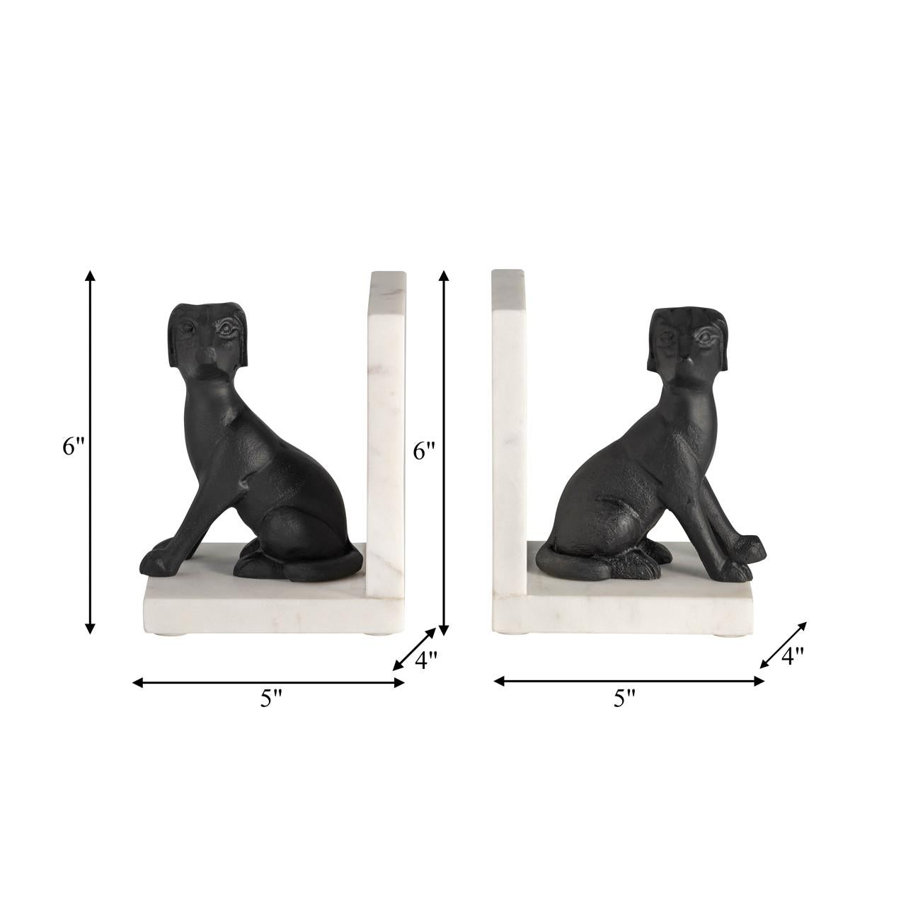 Black dog bookends with measurements on white background.