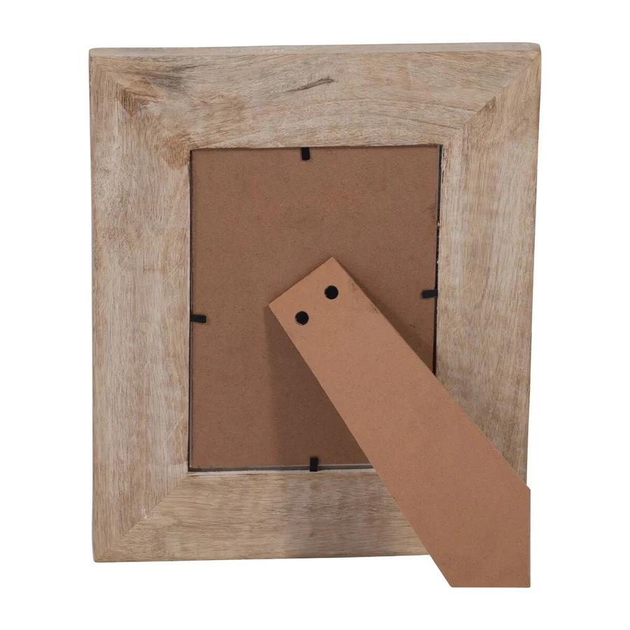 Wooden picture frame with stand, viewed from the back.
