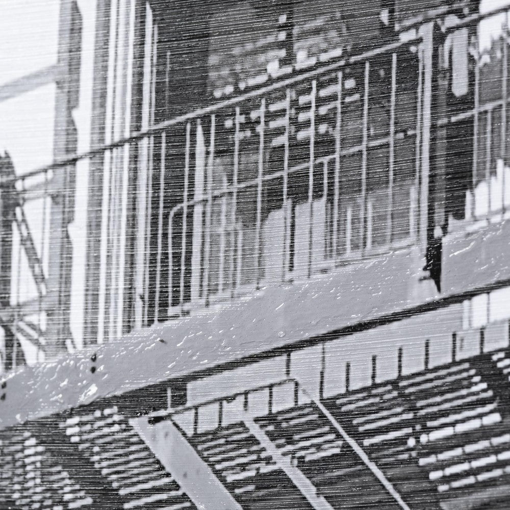 Black and white abstract urban structure with railings.