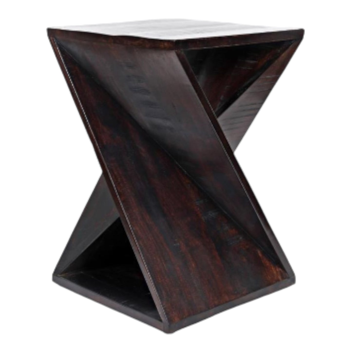 Dark wooden stool with a twisted, geometric design.