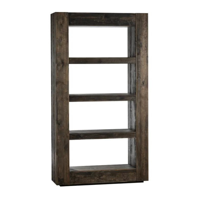Wooden bookcase with four open shelves, rustic and sturdy design.
