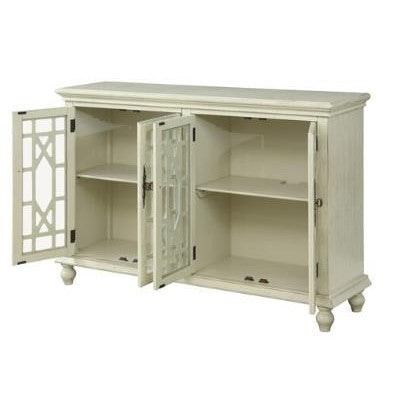 White cabinet with open lattice doors and interior shelves.