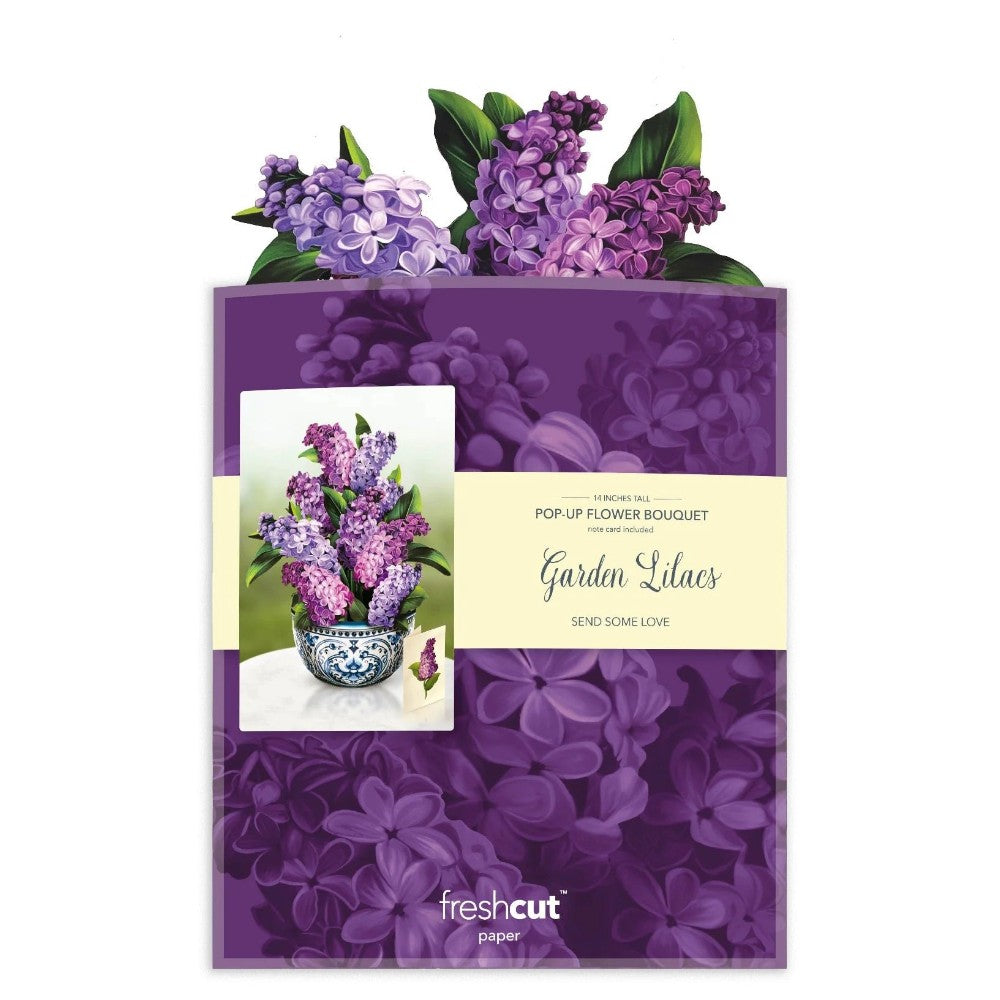 Pop-up card featuring a bouquet of purple lilacs.