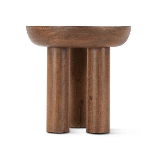 Wooden stool with a rounded top and three cylindrical legs.