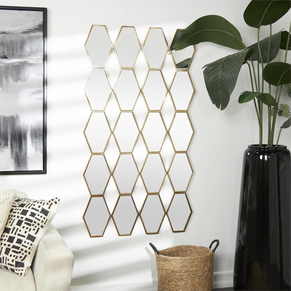 Hexagonal mirrors, leafy plant, abstract art, cozy corner.