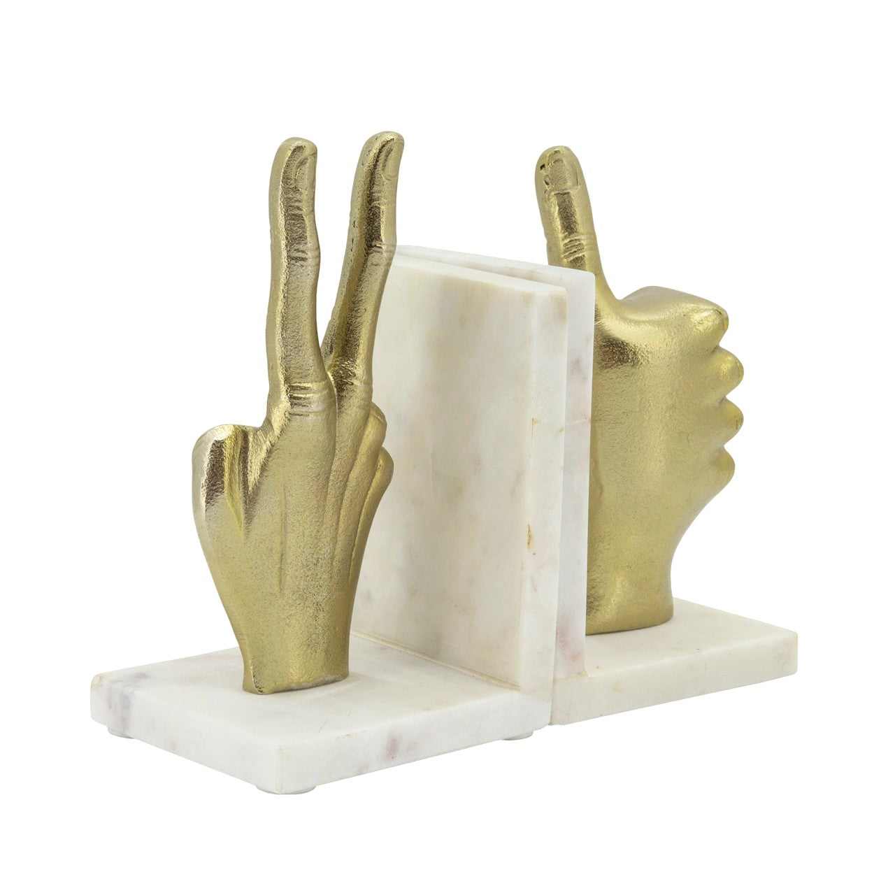 Gold hand bookends on marble bases with peace and thumbs-up gestures.