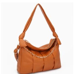 Brown handbag with chain detail and knotted strap.
