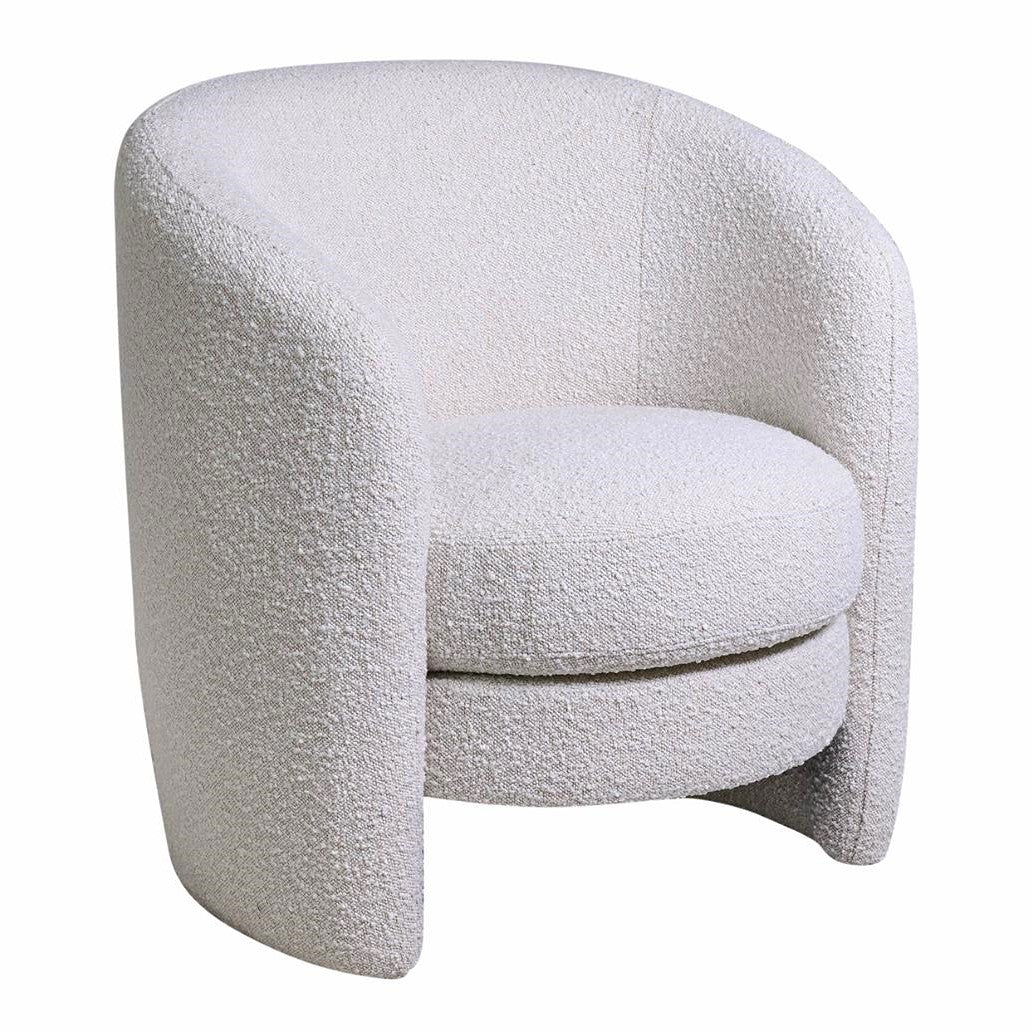 Modern white boucle chair with curved design.
