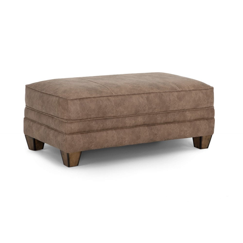Beige rectangular ottoman with wooden legs.