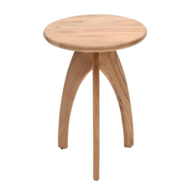 A wooden stool with three curved legs.