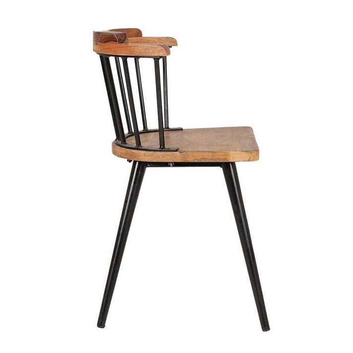 A wooden chair with black metal legs and a curved backrest.