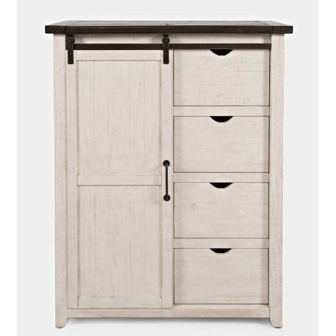 White cabinet with four drawers and a sliding door.