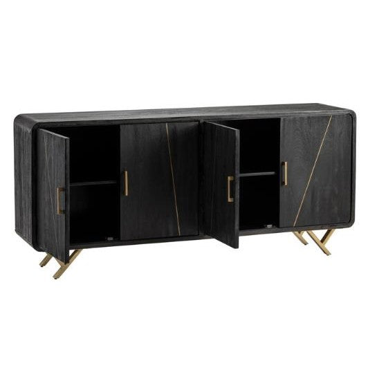 Black sideboard with gold legs and open doors.
