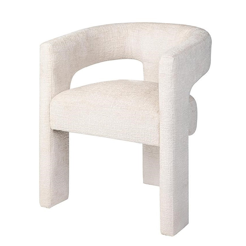 Modern white boucle chair with curved back.