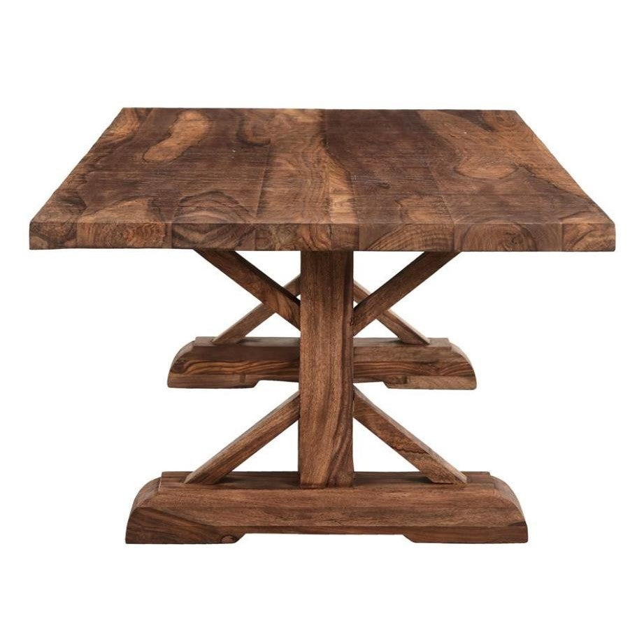 Rustic wooden table with a sturdy cross-leg design.
