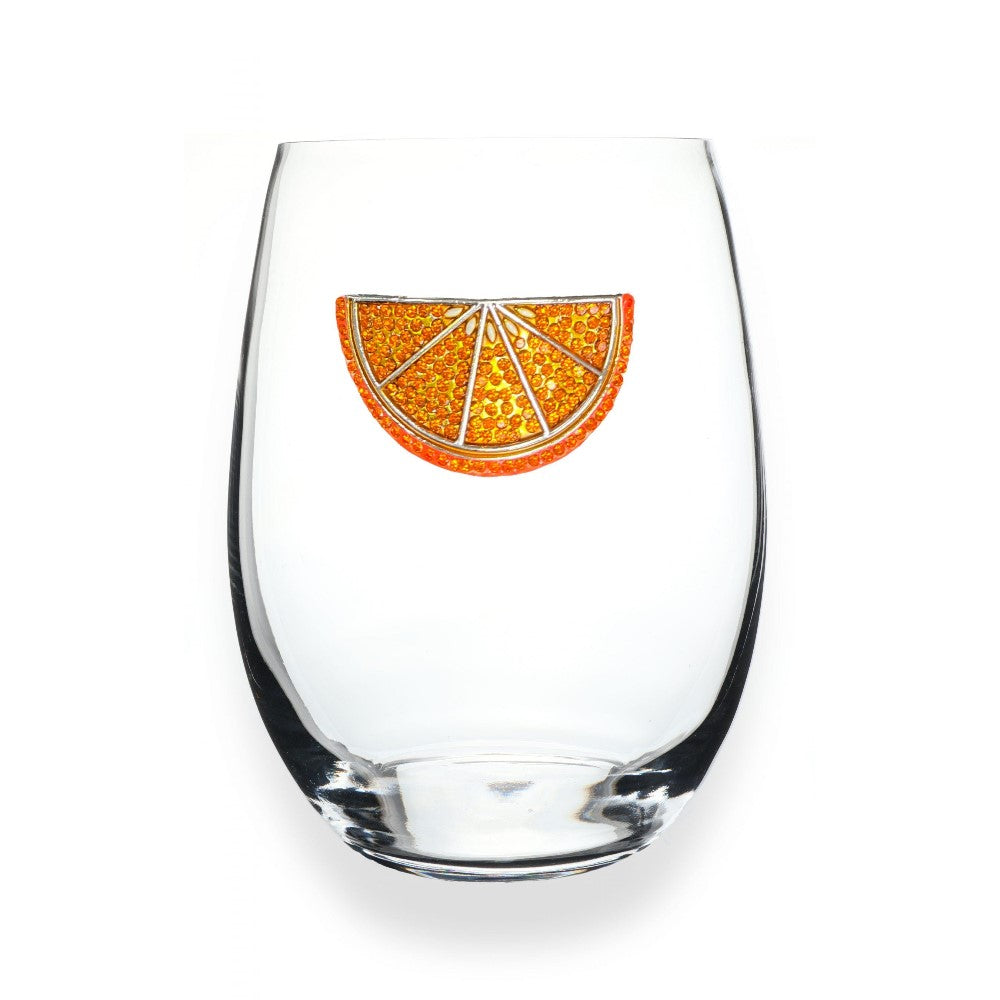 Clear glass with an orange slice design.