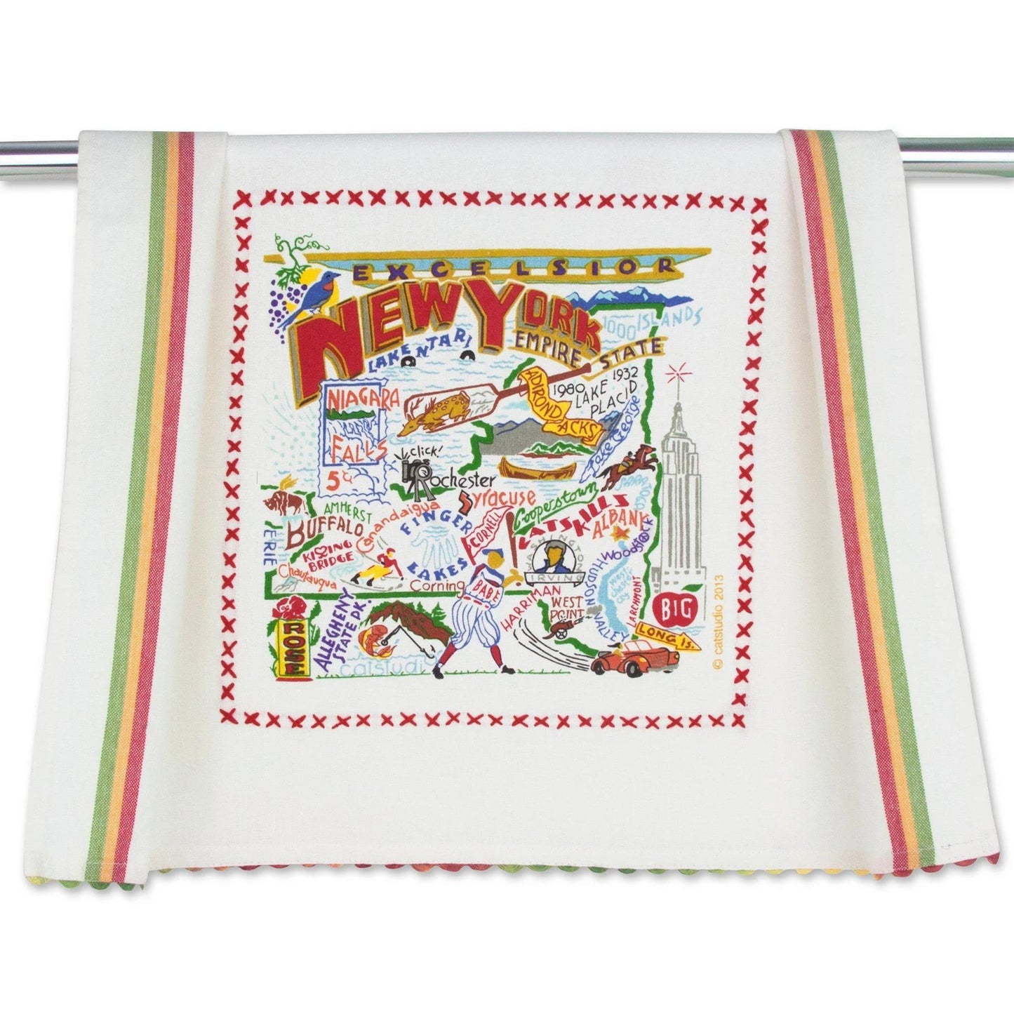 Colorful towel featuring a whimsical map of New York State.