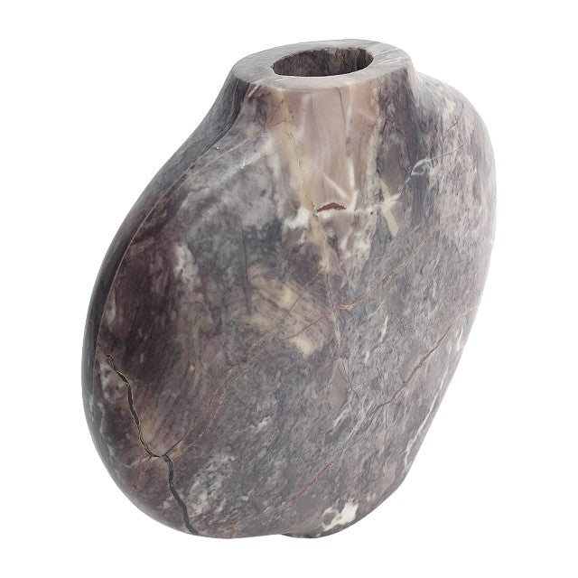 Marble vase with a rounded, organic shape and muted colors.