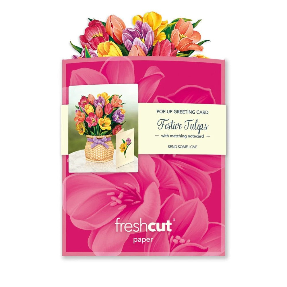 Festive tulip greeting card with vibrant pop-up bouquet.