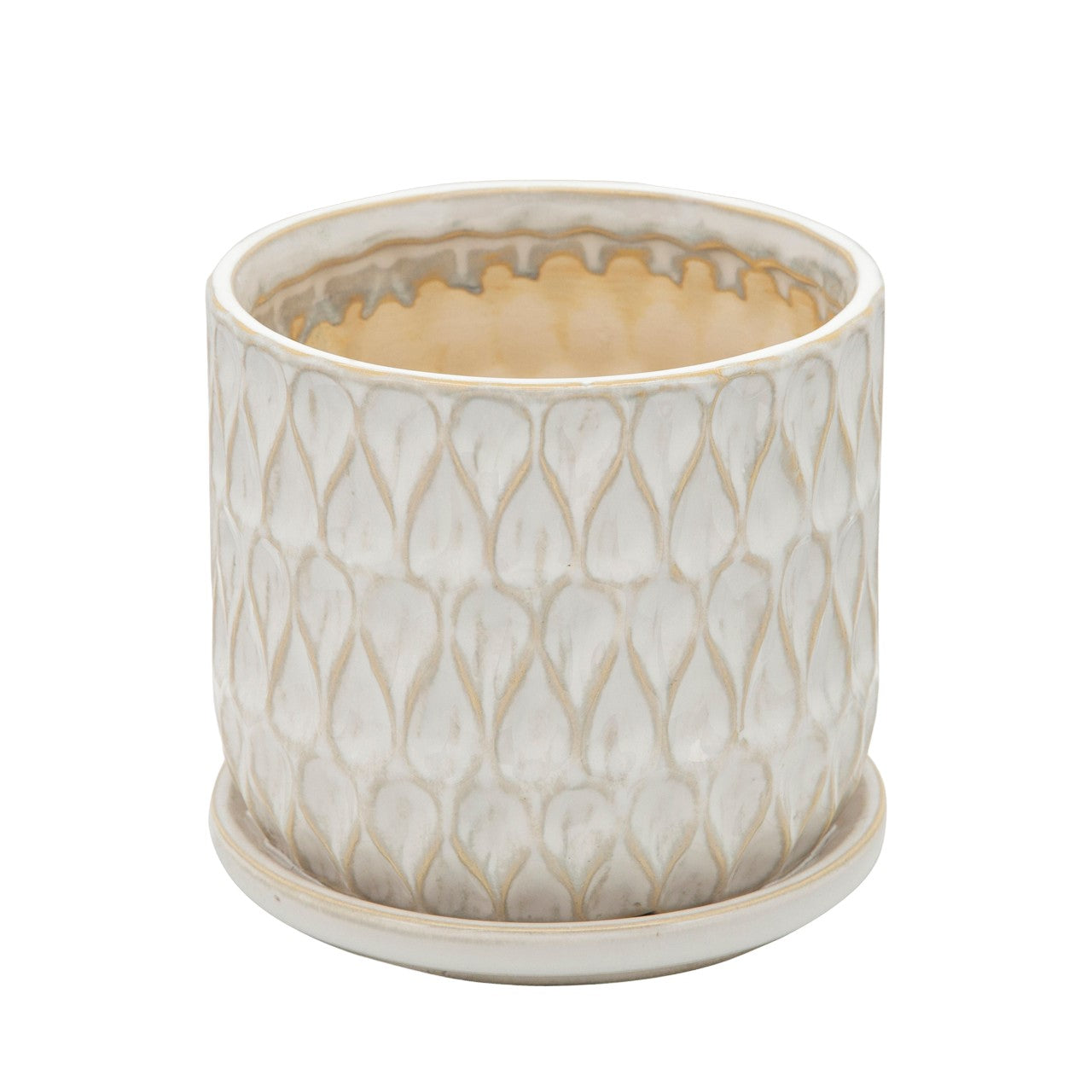 Textured cream ceramic planter with saucer.