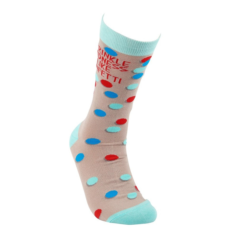 Beige sock with colorful dots and inspirational text.