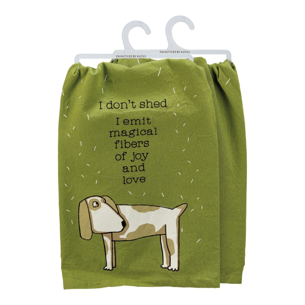 Green towel with a cute dog and humorous phrase about shedding.