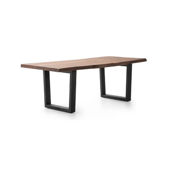 Wooden table with black metal legs, minimalist design.