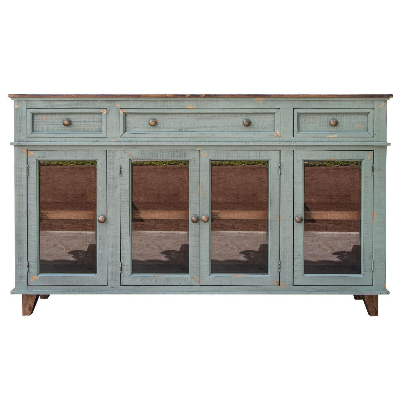 Vintage teal sideboard with three drawers and four mirrored cabinets.