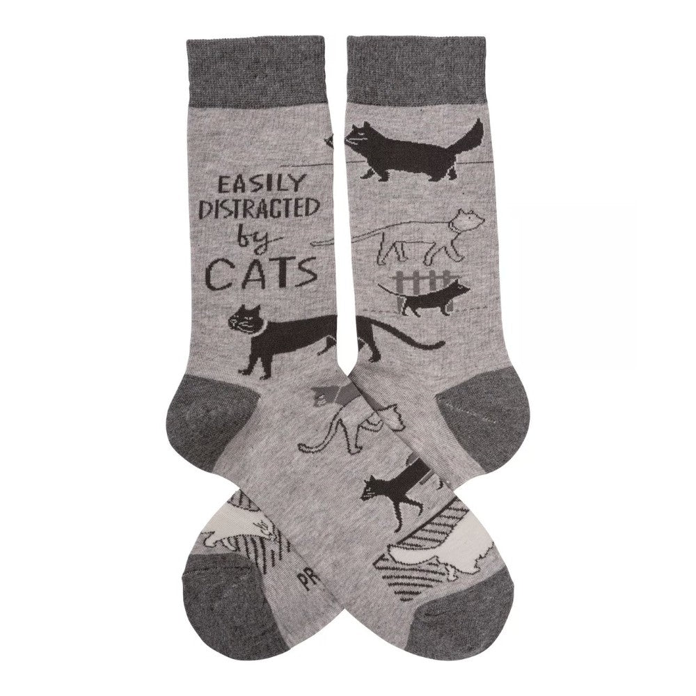 Gray socks with cat illustrations and "Easily distracted by cats" text.