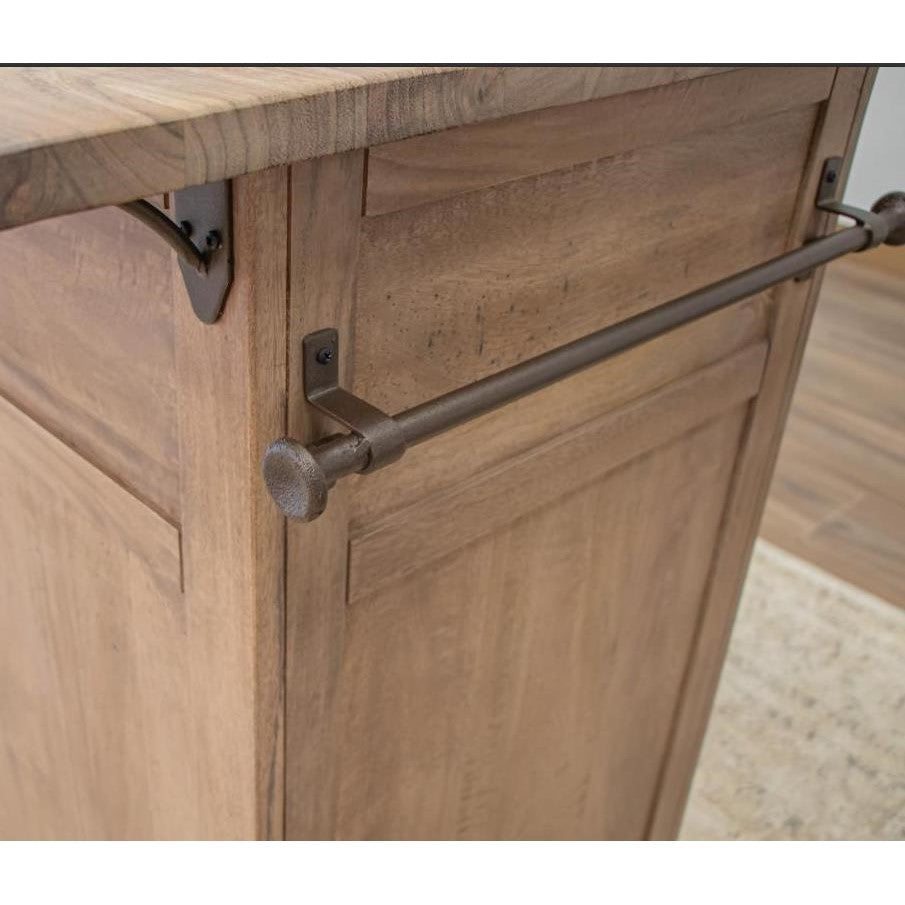 Wooden cabinet with a metal handlebar and corner bracket.
