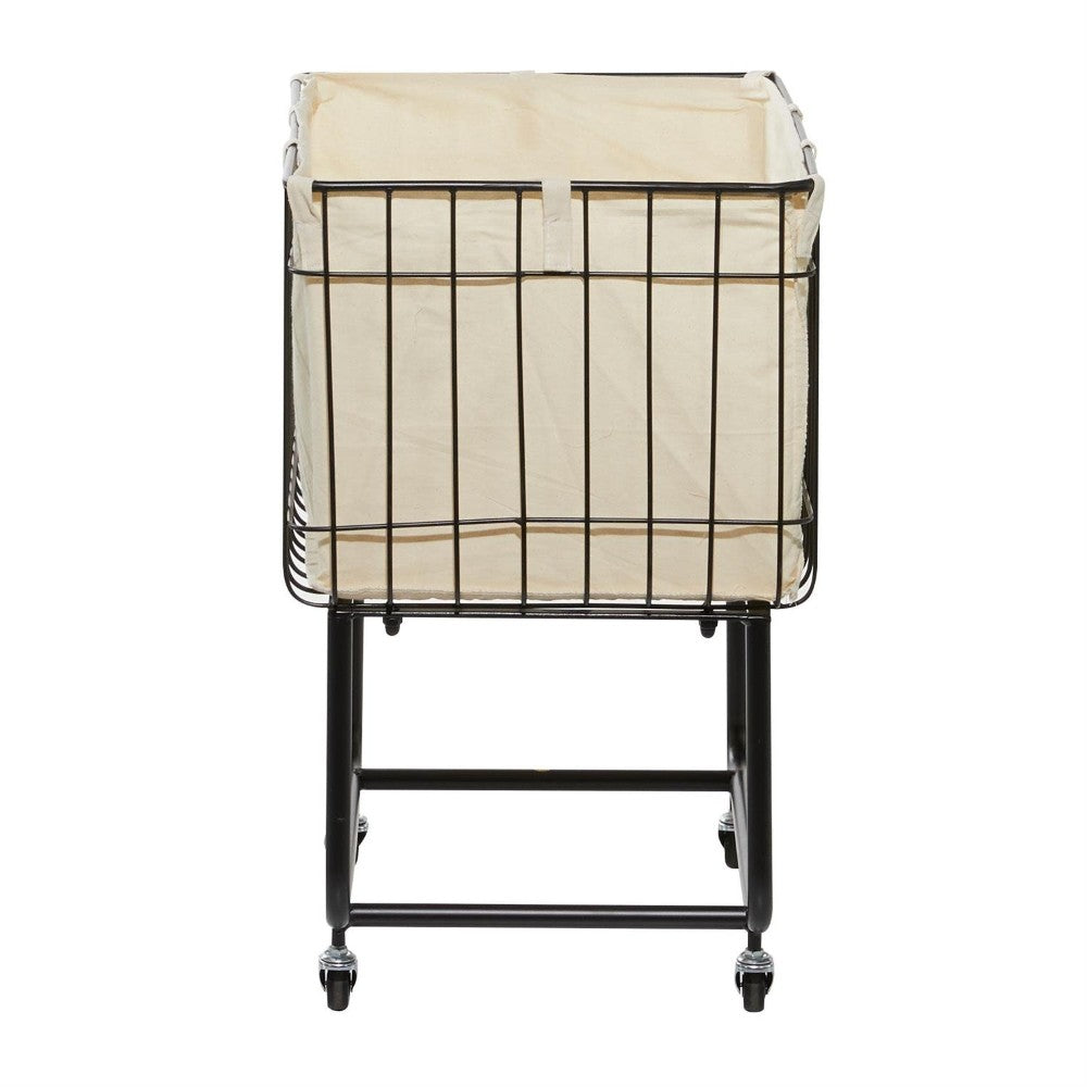 Black metal laundry basket with beige fabric liner on wheels.