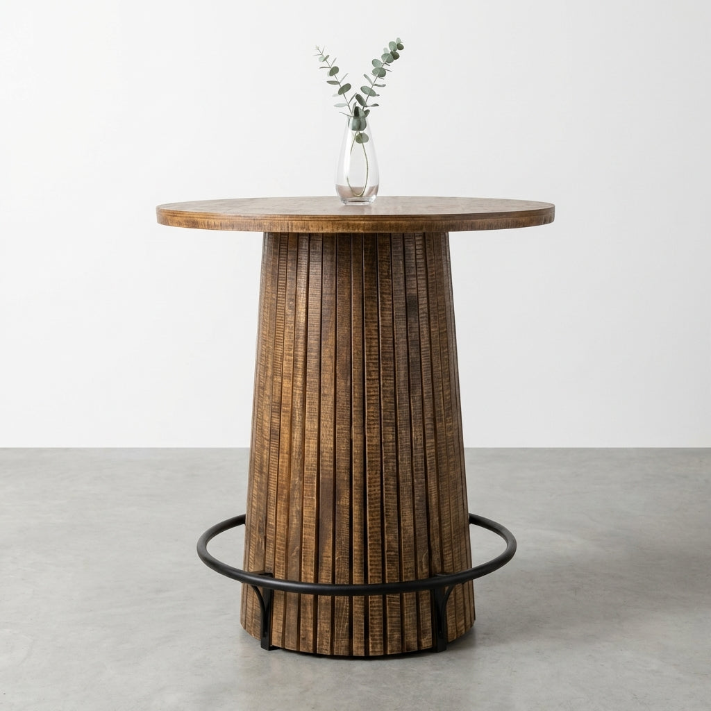 Round wooden table with vase on top, minimalist design.