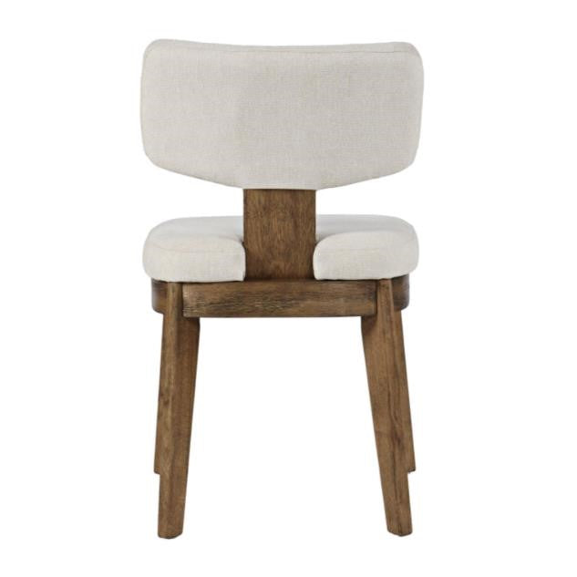 Wooden chair with beige cushioned backrest and seat, viewed from behind.