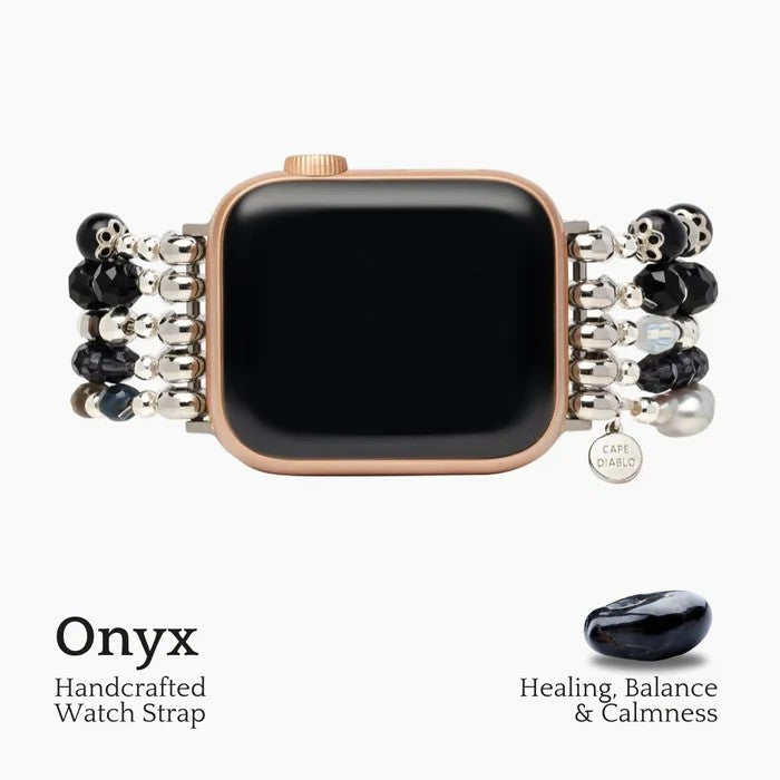 Stylish watch with an onyx bead strap, promoting healing and calm.