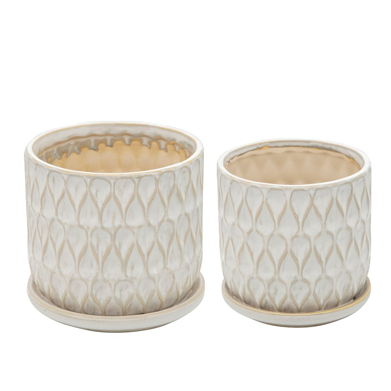 Two ceramic pots with textured exterior design.