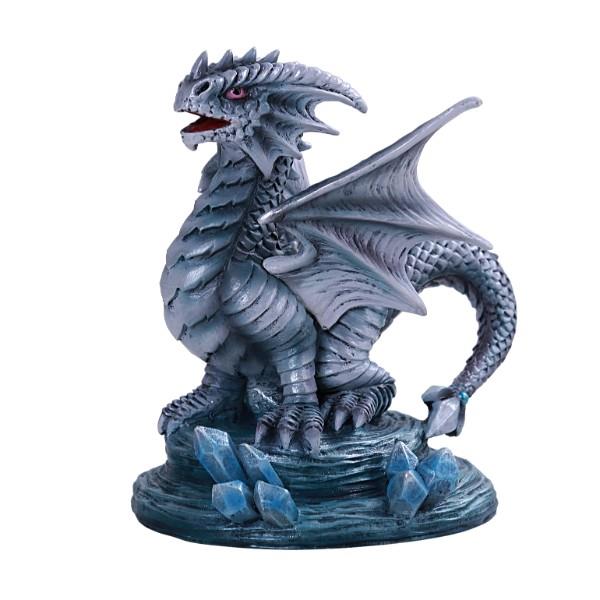 Gray dragon figurine with blue crystals on a base.