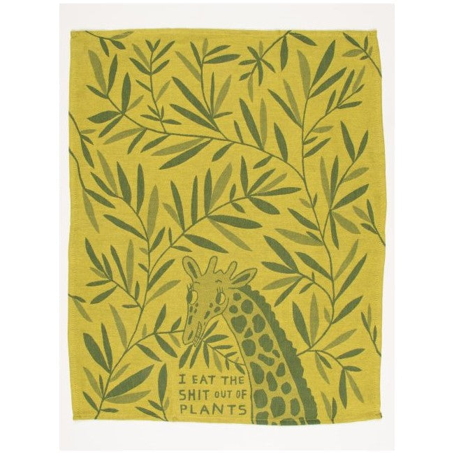 Giraffe in leaves with humorous text about eating plants.
