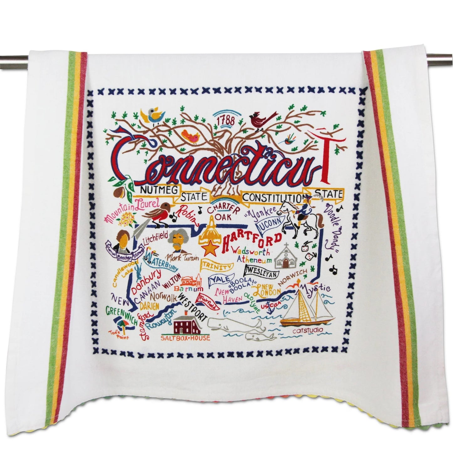 Colorful Connecticut map design on a decorative towel.