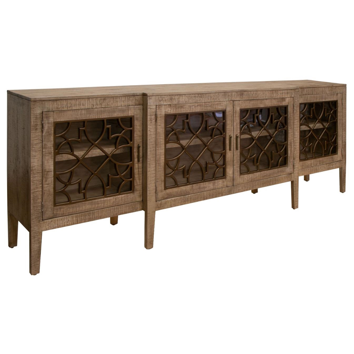 Wooden sideboard with ornate glass doors and four compartments.