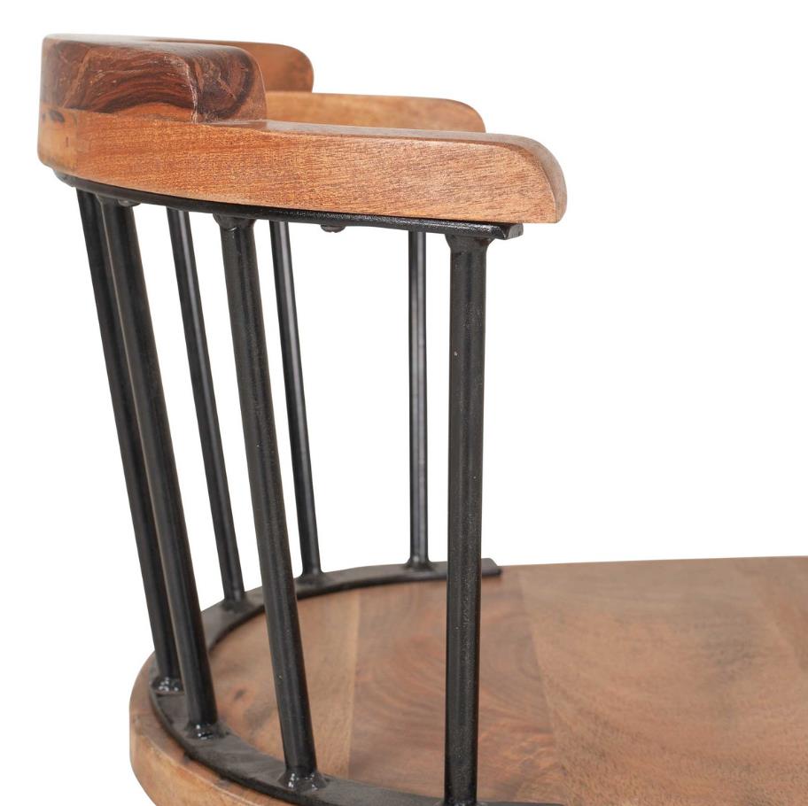 Wooden chair armrest with metal rods, side view.