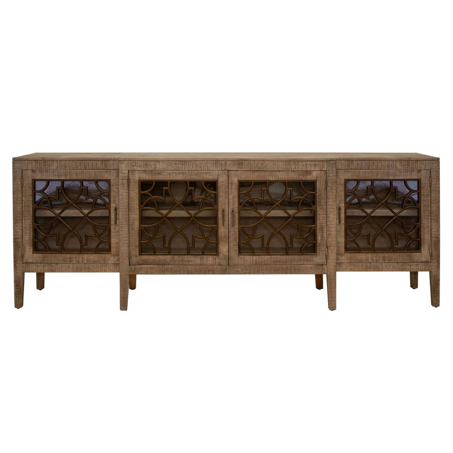 Elegant wooden sideboard with intricate lattice glass doors.