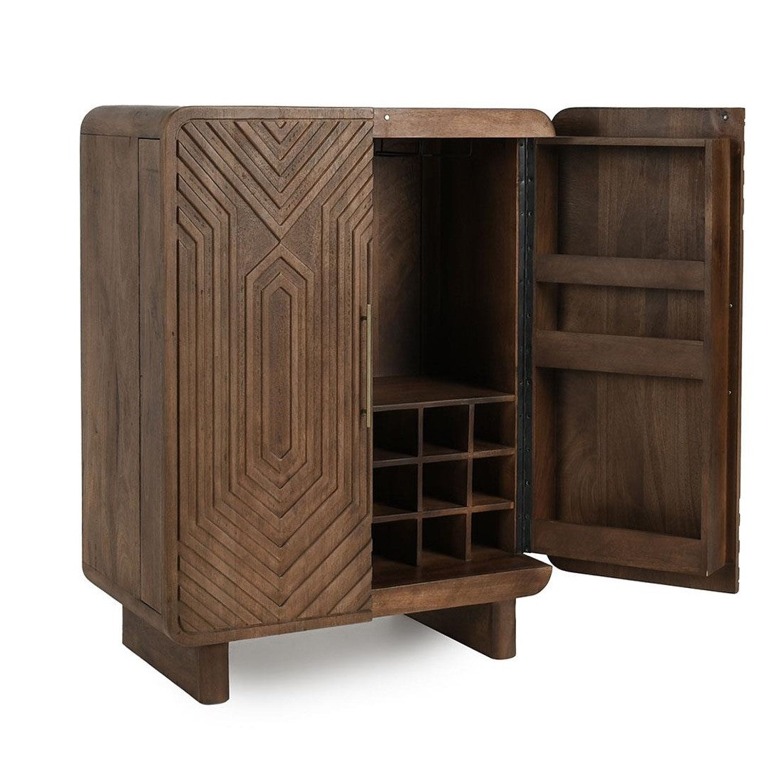 Wooden cabinet with geometric designs, open to reveal shelves and compartments.